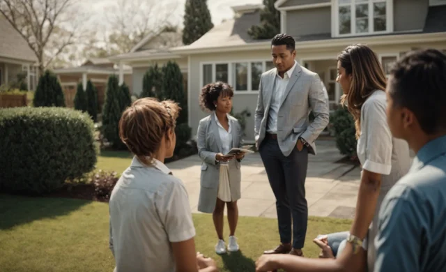 a family consulting with a realtor in front of a for-sale house.