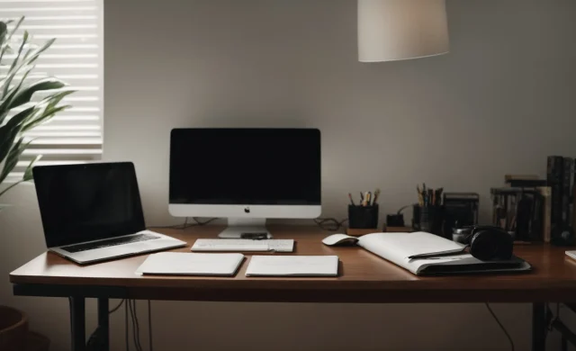 an illuminated desk space with a modern computer, a notepad by the side, and a clear, organized workspace signaling efficiency and clarity in documentation.
