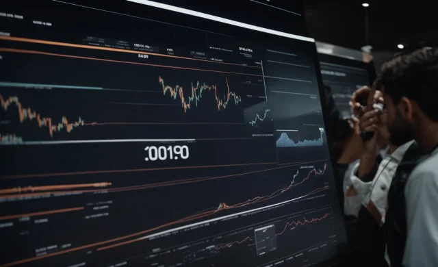 people are gathered around a digital display showing graphs and charts.