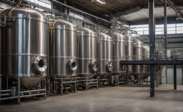 a row of large stainless steel tanks in an industrial setting, dedicated for storing and supplying liquid nitrogen.