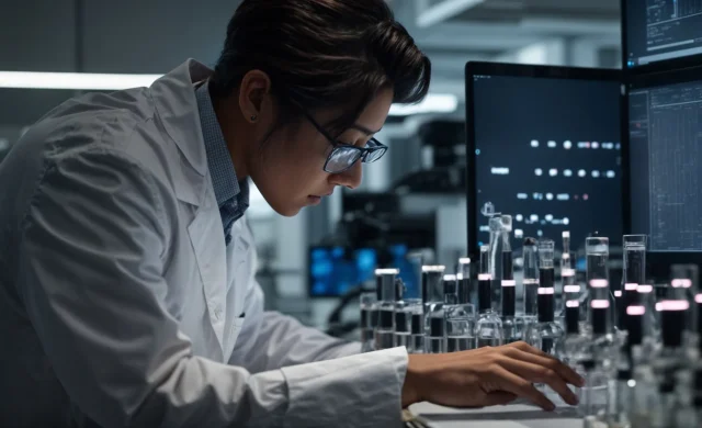 a researcher intently studies complex chemical structures on a computer screen in a modern laboratory.
