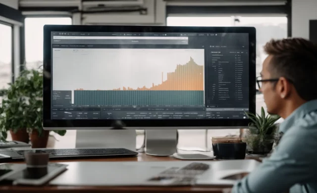 a small business owner is reviewing a large chart on their computer screen in a bright office.