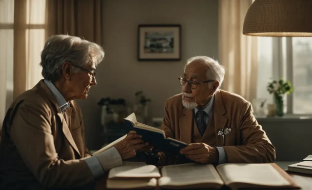 an elderly person and a doctor are discussing over a book in a calm, well-lit room.
