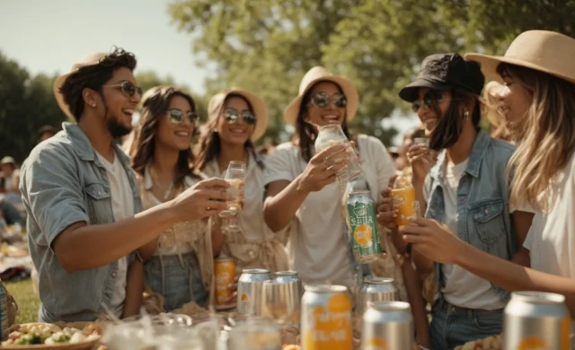 a group of people cheering with cans of seltzer at a sunny outdoor picnic.