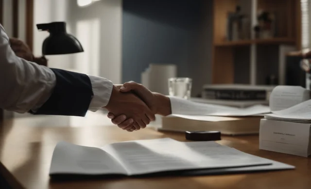 a person shaking hands with a professional across a desk, with a house model and paperwork in between them.
