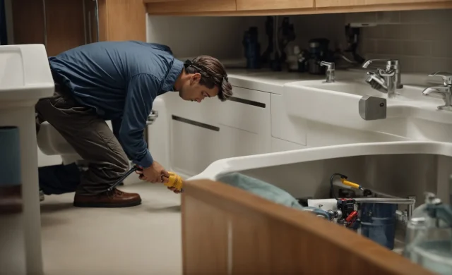 a plumber uses advanced equipment to inspect under a sink for leaks.