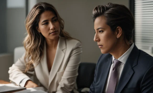 a compassionate lawyer sits across from a concerned couple in a serene los angeles office, discussing a birth injury case.